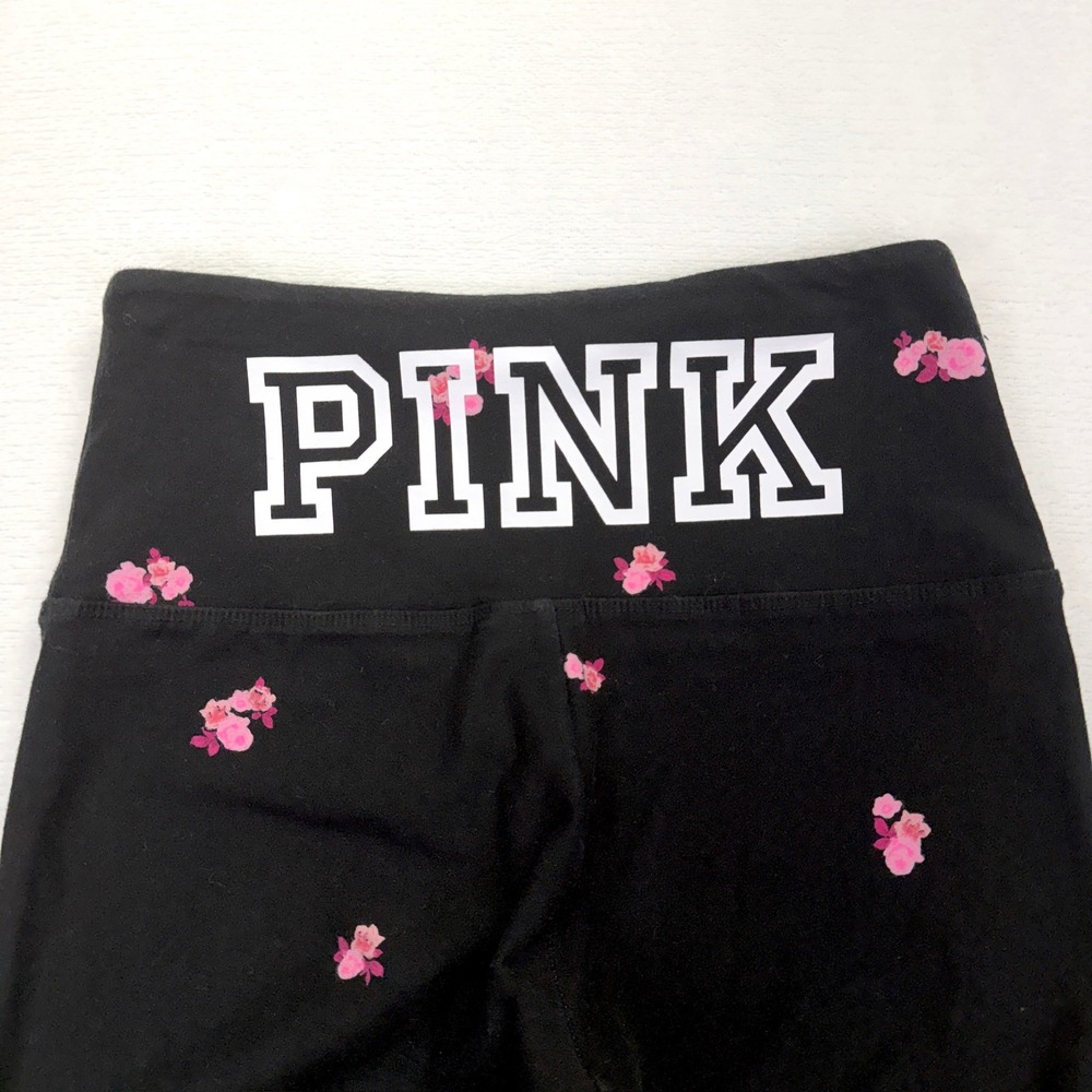 PINK Victoria's Secret Yoga Leggings Black Floral Logo High Waist Small 397769